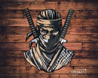 Laser-cut wooden ninja, unique handmade wall decoration, artisan gift, Japanese design, original wood carving, layered