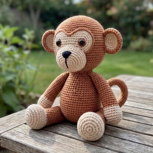 May include: A crocheted monkey toy in brown and beige. The monkey has a round head, large ears, and a smiling face. Its arms and legs are extended, and it is sitting on a wooden surface. A soft, handmade toy for children.