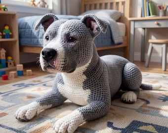 Schema realistico per un pitbull all'uncinetto, amigurumi, cane di peluche in formato PDF