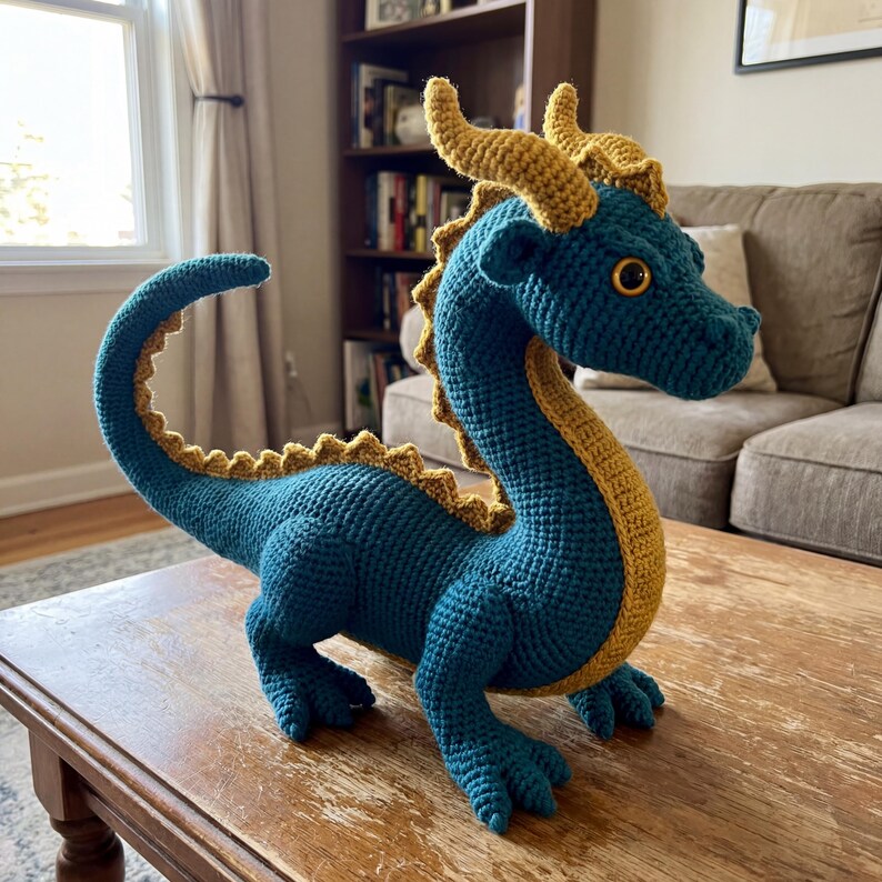 May include: A teal crochet dragon with golden yellow detailing. The dragon has a long tail, horns, and a spiky spine. It is placed on a wooden table. This handmade dragon is a whimsical decorative item.