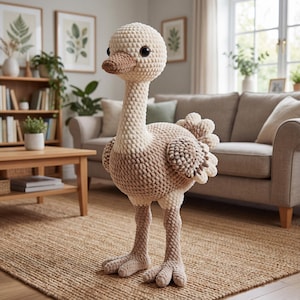 May include: A large, handmade crochet ostrich in cream, tan, and brown. The plush bird has a long neck, a round head with black eyes, and detailed feet. The ostrich is standing on a woven rug in a living room setting.