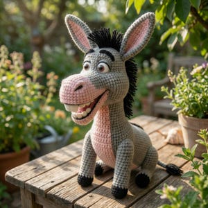 May include: A handmade crochet donkey doll with a smiling expression. The donkey has gray and pink coloring, with black accents on its mane, hooves, and tail. The doll is sitting on a wooden surface, with a garden in the background.