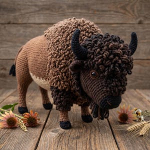 May include: A handcrafted crochet bison in shades of brown, tan, and black. The bison features a textured, shaggy mane and a detailed body. The bison is posed on a wooden surface, with flowers and wheat stalks in the foreground.