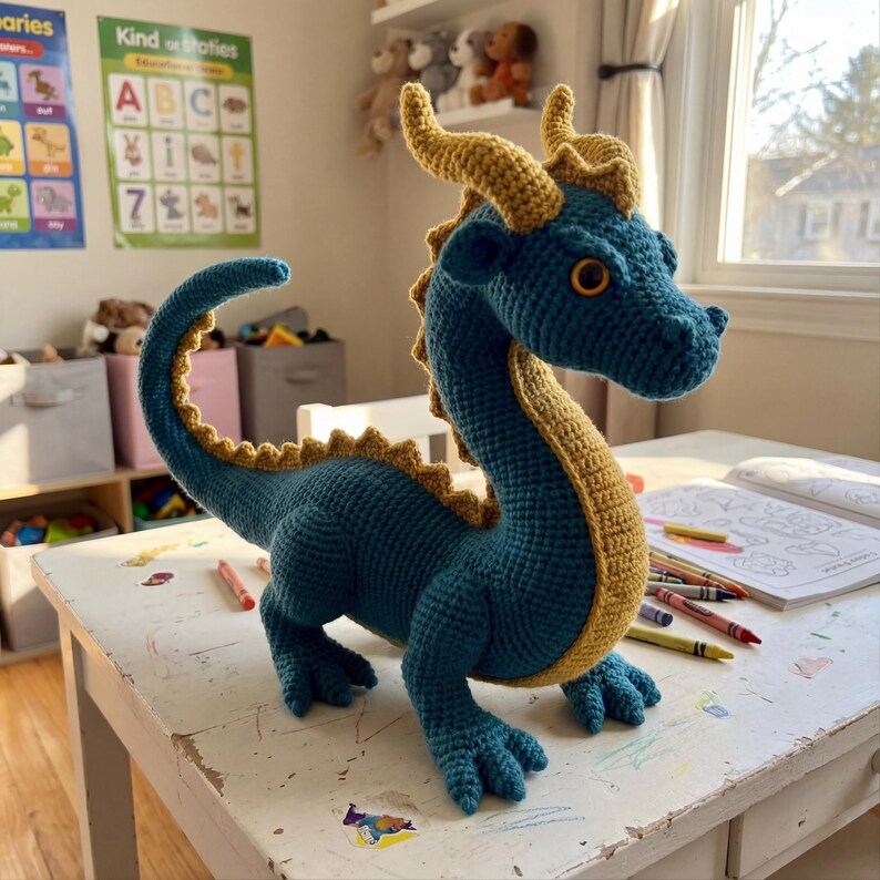 May include: A handmade, blue crochet dragon with gold horns and spine details. The dragon is posed on a white table with crayons and a coloring book. The dragon's eyes are yellow.