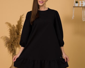 100% Organic Cotton Black Ruffle Hem Dress, 3/4 Sleeve Mini Dress, Little Black Dress