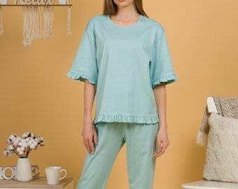 Organic Cotton Pajama Set: Ruffle Top, Relaxed Fit Loungewear