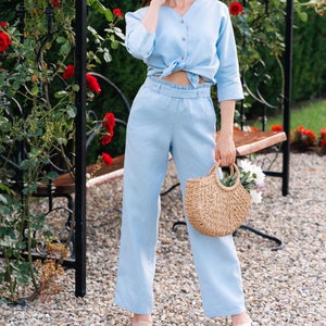 Blue Linen High Waist Trousers: Long Wide Leg Pants with Removable Belt