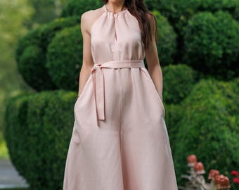 Linen TENCEL Jumpsuit Dress: Sleeveless Wide Leg Romper