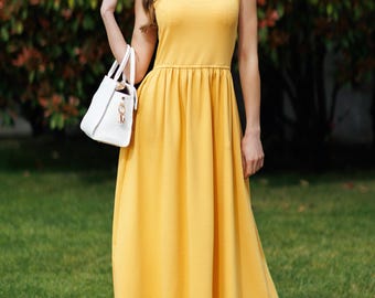 Robe midi en coton bio : robe trapèze évasée sans manches avec poches