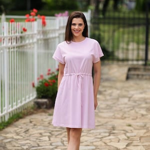 Organic Cotton Pink Striped Knee-Length Dress with Short Sleeves and Waist Tie, Summer Dress – Eco-Friendly & Sustainable Clothing