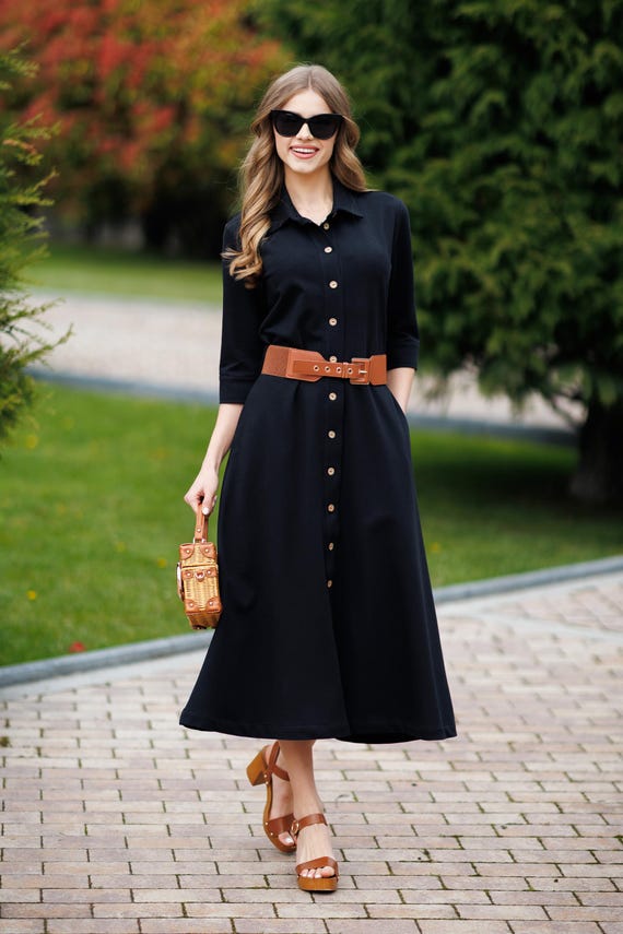 Organic Cotton Midi Dress: Elegant Button-Up Belted Dress