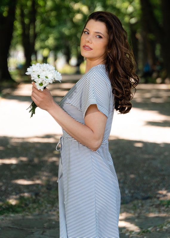 Organic Cotton Striped Dress: Knee-Length Summer Dress with Waist Tie