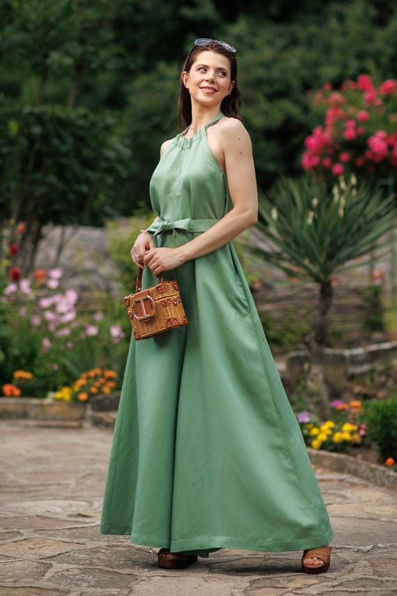 Linen Lyocell Maxi Jumpsuit: Sleeveless Wide Leg Romper with Pockets Linen Lyocell Maxi Jumpsuit: Sleeveless Wide Leg Romper with Pockets