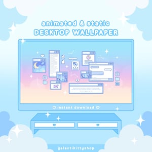 May include: A light blue desktop computer screen displays a pastel-colored animated wallpaper with various open windows. The text "animated & static DESKTOP WALLPAPER" is at the top. The words "instant download" are at the bottom. The computer sits on a matching blue stand.