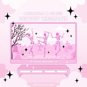 May include: Pink animated and static desktop wallpaper featuring three skeletons dancing in a graveyard with a cherry blossom tree. The text "animated & static DESKTOP WALLPAPER" is at the top of the image. The text "instant download" is at the bottom of the image.