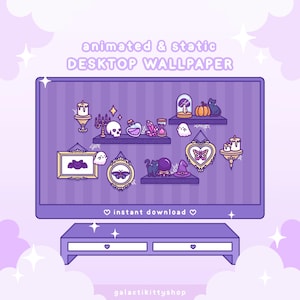 Può includere: Un design per sfondo desktop viola con elementi animati e statici. Il design presenta mensole con oggetti a tema Halloween come un teschio, bottiglie di pozioni, un gatto nero e una zucca. Il testo recita "animated & static DESKTOP WALLPAPER" e "instant download".