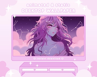 May include: Animated and static desktop wallpaper featuring a purple-haired anime character with a constellation design on their chest, set against a backdrop of pink clouds and a starry night sky.