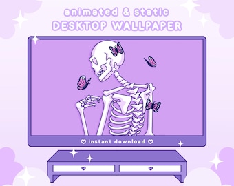 SWEET SKELLY Halloween Wallpaper, Spooky Wallpaper, Animated Wallpaper, Animated Desktop Backgrounds, Cute Aesthetic, Kawaii Art, Skeleton
