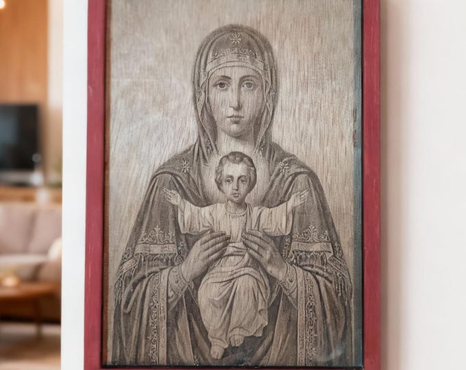 Handmade wooden icon of Virgin Mary & Christ,wood burned pyrography