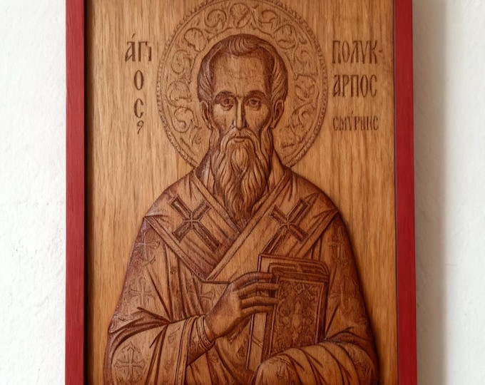 Saint Polycarp Wooden Icon,Handmade Orthodox,Pyrography on Wood,Religious Christian Gift