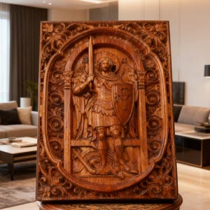 Op de afbeelding: Een gedetailleerd houten reliëfsnijwerk van een figuur met een zwaard en schild, geplaatst in een sierlijk kader. De snijwerk heeft een warme bruine kleur, met ingewikkelde details. Het kunstwerk wordt tentoongesteld op een decoratieve standaard.