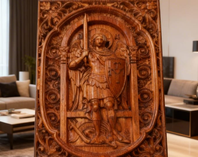 Archangel Michael wood carving,orthodox icon handmade