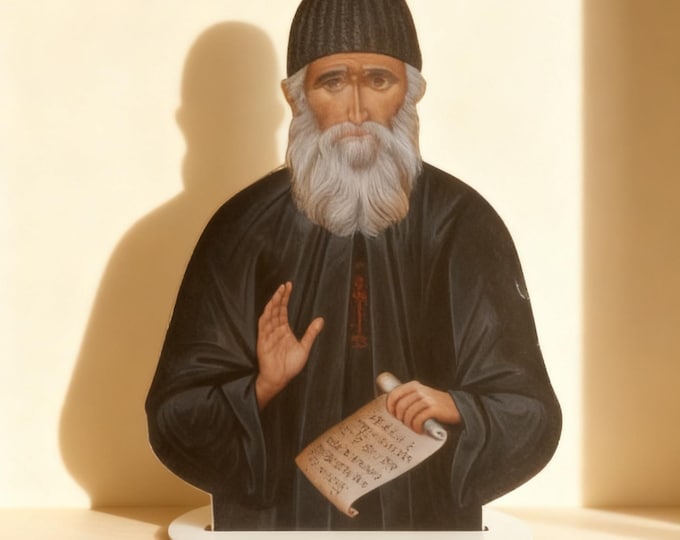 Saint Paisios wooden standing icon,handmade orthodox christian gift