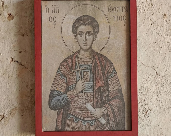 Saint Eustratius Wooden Icon | Handmade Byzantine Orthodox Wall Art | Religious Christian Gift