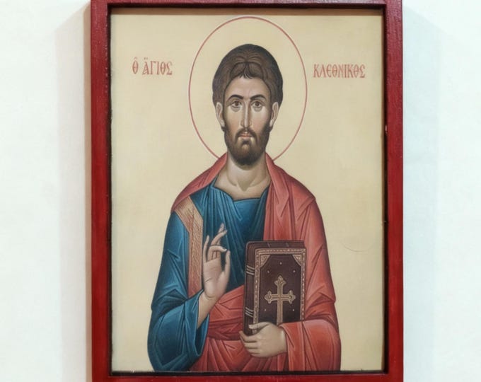 Handmade Wooden Icon of Saint Kleonikos,Orthodox Christian Religious Art