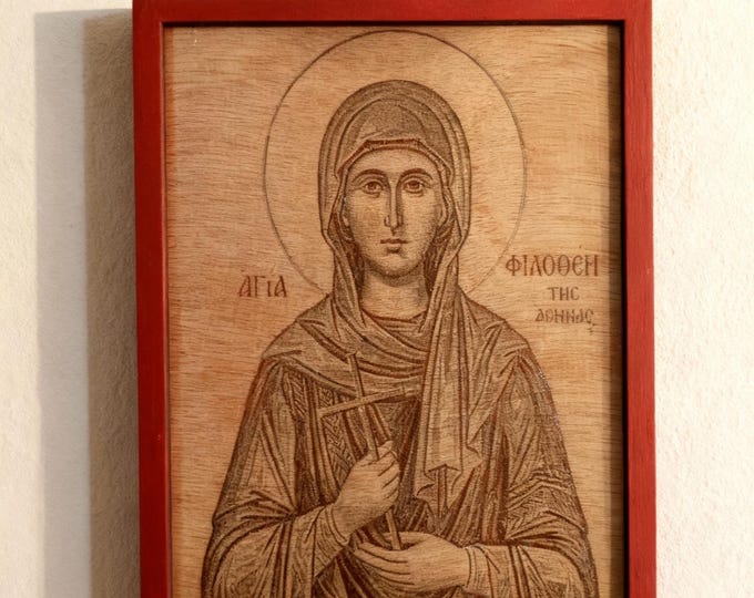 Saint Philothei Wooden Icon,Handmade Orthodox Pyrography on Natural Wood