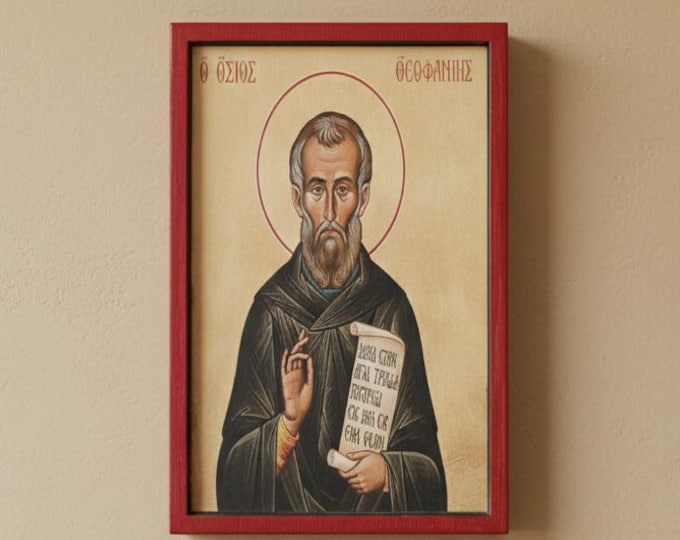 Handmade wooden icon of Saint Theophanes,orthodox christian icon with heat transfer