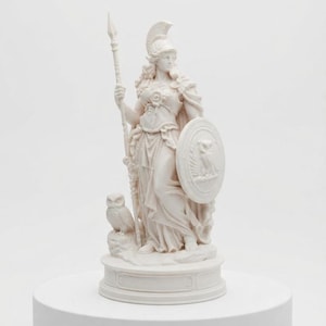 May include: A white marble-toned statue of a standing figure wearing a crested helmet and armour, holding a tall spear in the right hand and a round shield featuring an owl emblem in the left hand, with a small owl perched on a rock at the base.