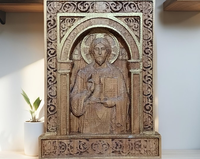 Hand carved Christ Pantocrator wooden icon