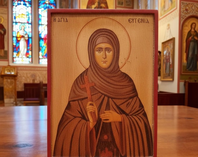 Saint Eugenia Wooden Icon.Handmade Orthodox Art