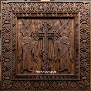 May include: A square dark wood wall panel featuring a central carved cross flanked by two winged angels. The border displays a repeating Greek key pattern and stylized leaf motifs. The text "fakinosartlaser" is visible at the bottom center.