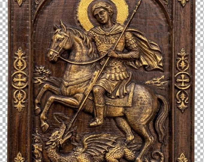 Saint George Hand Carved Wooden Icon | Byzantine Orthodox Relief Wall Art | Religious Decor