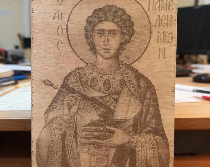 Handmade wooden icon of Saint Panteleimon