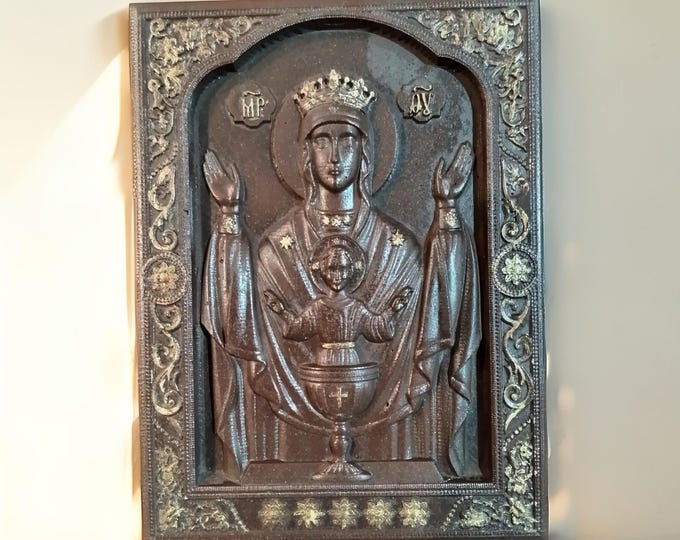 Orthodox Virgin Mary Icon, Cast Stone Relief Wall Art, Dark Bronze Patina