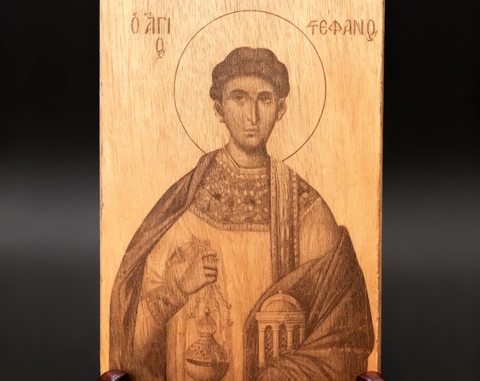 Handmade wooden icon of Saint Stephen