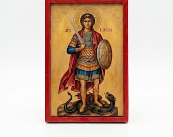 Archangel Michael Orthodox Wooden Icon Handmade Byzantine Wall Art Religious Christian Gift