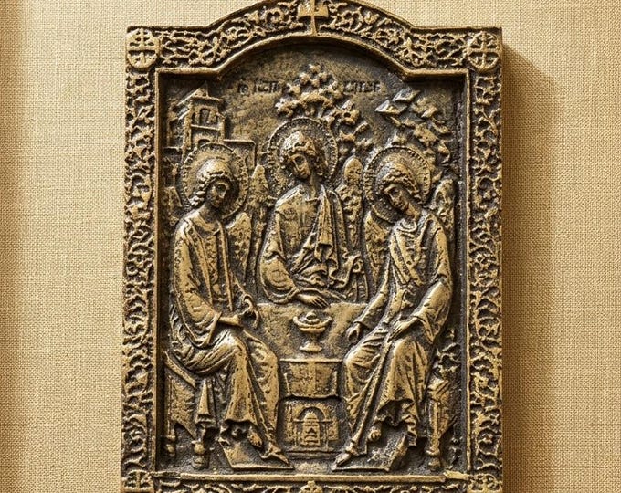 Hand-Carved Holy Trinity Icon – Dark Wood Gold Finish Byzantine Plaque