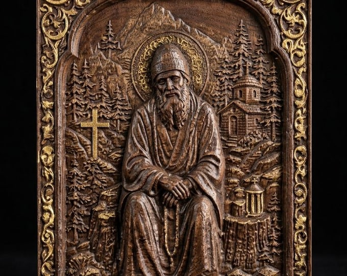 Saint Paisios of Mount Athos Icon | 3D Hand Carved Wood Plaque | Orthodox Christian Art