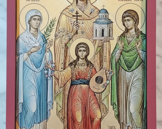 Handmade Wooden Icon of Hagia Sophia and Her Daughters