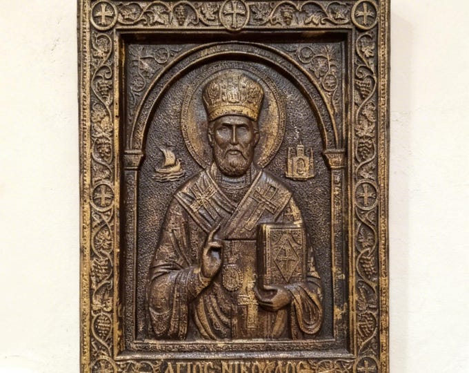 Saint Nicholas icon,hand carved relief wall art,dark brown varnished porcelain finish