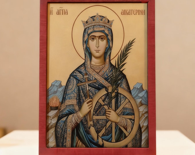 Handmade Saint Catherine Wooden Icon, Byzantine Art