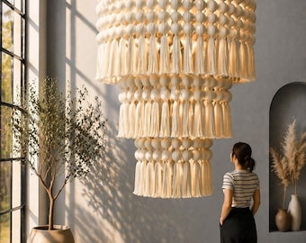 Lampadario grande in macramè, plafoniera boho con nappe, lampada a sospensione bohémien con frange