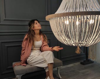 Großer weißer Perlenleuchter - Boho Pendelleuchte für Wohnzimmer, Kinderzimmer oder Eingangsbereich, Hotel-Lobby-Dekor-Beleuchtung,