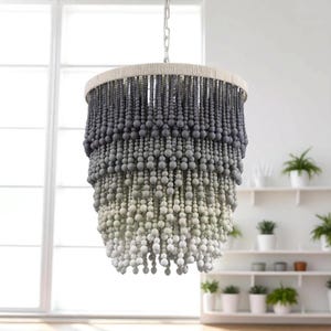 Grey Ombre Beaded Chandelier, Coastal Boho Pendant Light, Wooden Bead Lamp, Dining Room Light