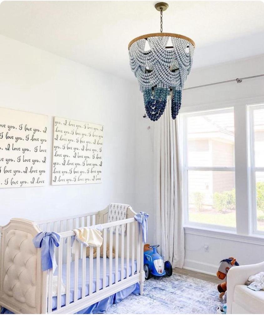 Blue Ombre Beaded Chandelier, Boho Nursery Light, Wood Bead Pendant ...
