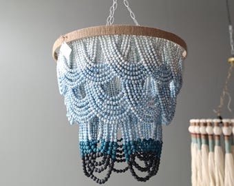 Blauer Ombre Perlen Kronleuchter - Handgefertigte Boho Pendelleuchte, Küsten Deckenleuchte, Bauernhaus Perlen Beleuchtung für Wohnzimmer - Sondergrößen